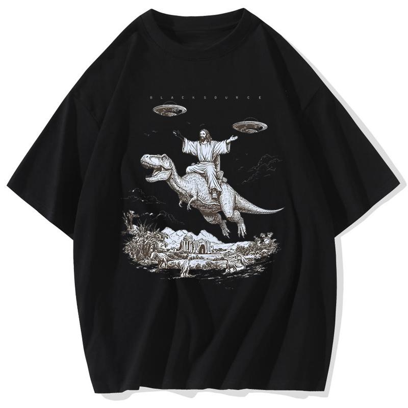 Cartoon Dinosaur Print Fashion man TShirt Womens Unisex Wash Distressed Vintage Tee Student Fashion Design Vacation Top S
