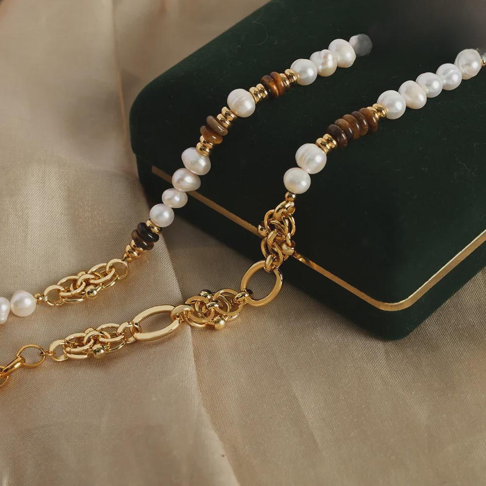 Europejski i Amerykański Styl Pałacowy Kamień Tygrysie Oko i Perła Słodkowodna Ręcznie Robiony Naszyjnik Bransoletka