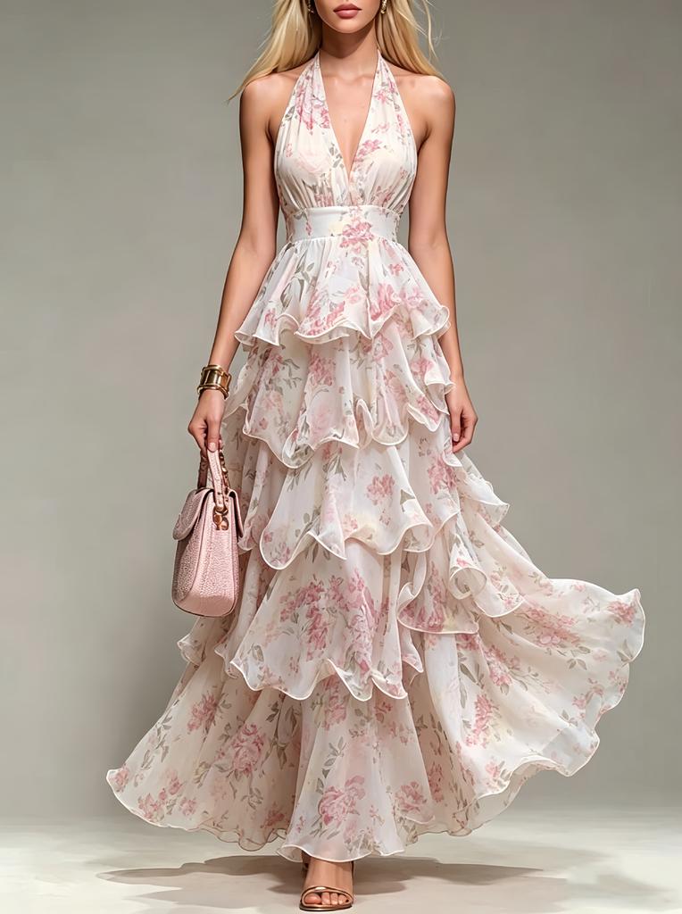 2026 summer new seaside vacation floral neck close waist thin chiffon cake dress dress