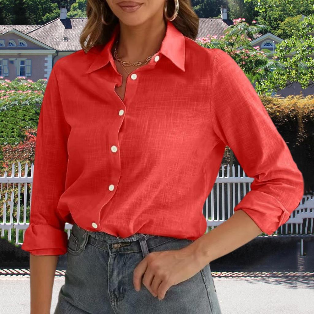 Damenmode Knopfhemdkleid Baumwolle Langarm Faltenfrei Oberteil Arbeit Business Casual Oberteil