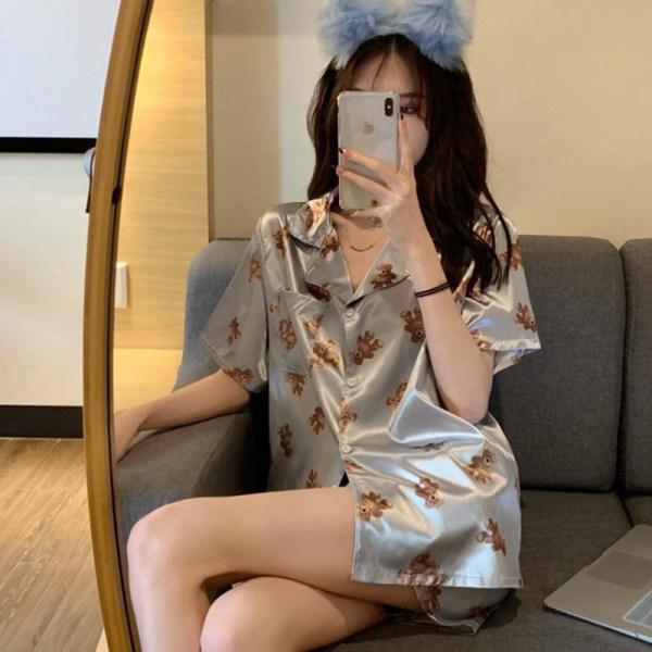Ladies Two-Piece Pajamas Ice Silk Women Short-Sleeved Cardigan Shorts Grey Bear Cute Summer Ladies Pajamas Homewear Set