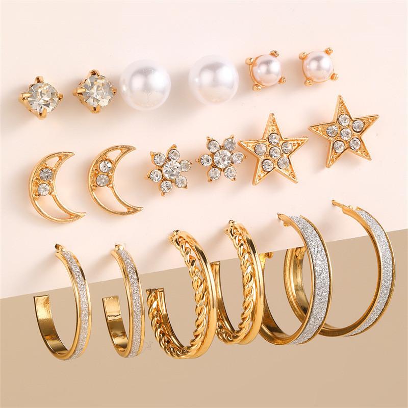 Gold Crown Star Moon Ear Studs Jewelry For Women With Floral Design