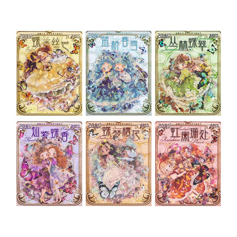 6 pcs Flash laser PET Stickers aesthetic Kawaii Cartoon Girl Decorative collage Diary Album Adhesive Diy Scrapbooking material