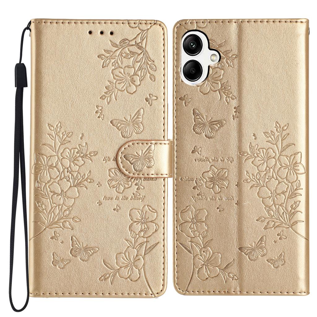 For Samsung Galaxy A07 Lommebok Telefondeksel Sommerfugl Blomster Preg Lær Flipdeksel med Stropp