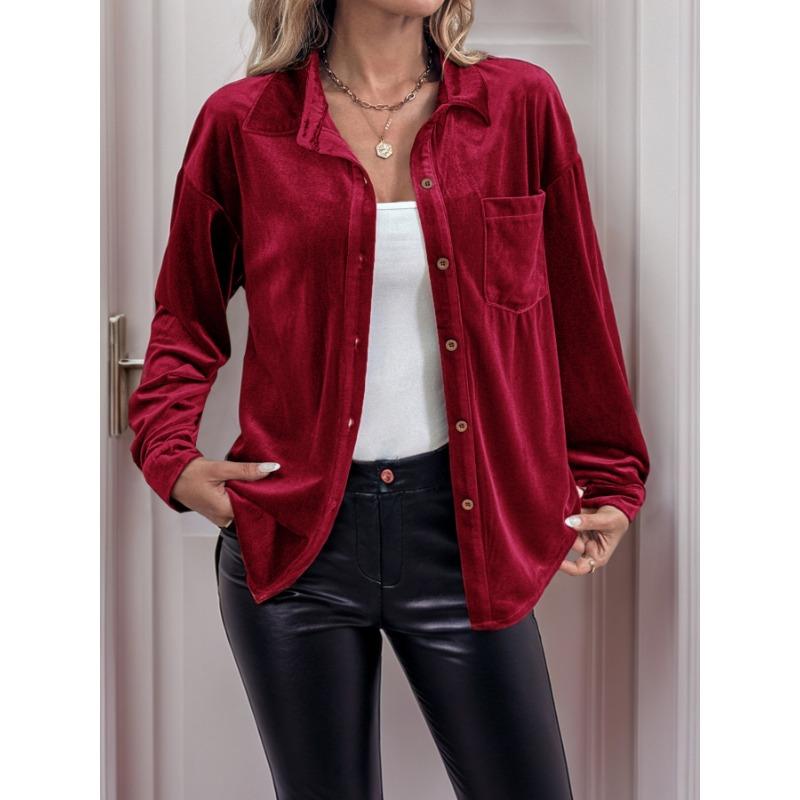 VEZFAA Women's Fashion Casual Spring Autumn Solid Color Print Long Sleeve POLO Neck Blouses & Shirts