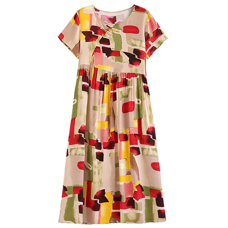 Elegant Dresses for Women Plus Size Loose Casual Vintage Print Long Dress With Sleeves Summer Middle-aged Women's Clothing