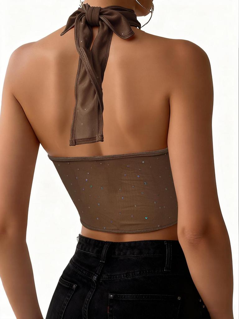 European & American Sexy See-Through Mesh Halter Top with Sequins & Fishbone Rhombus Pattern