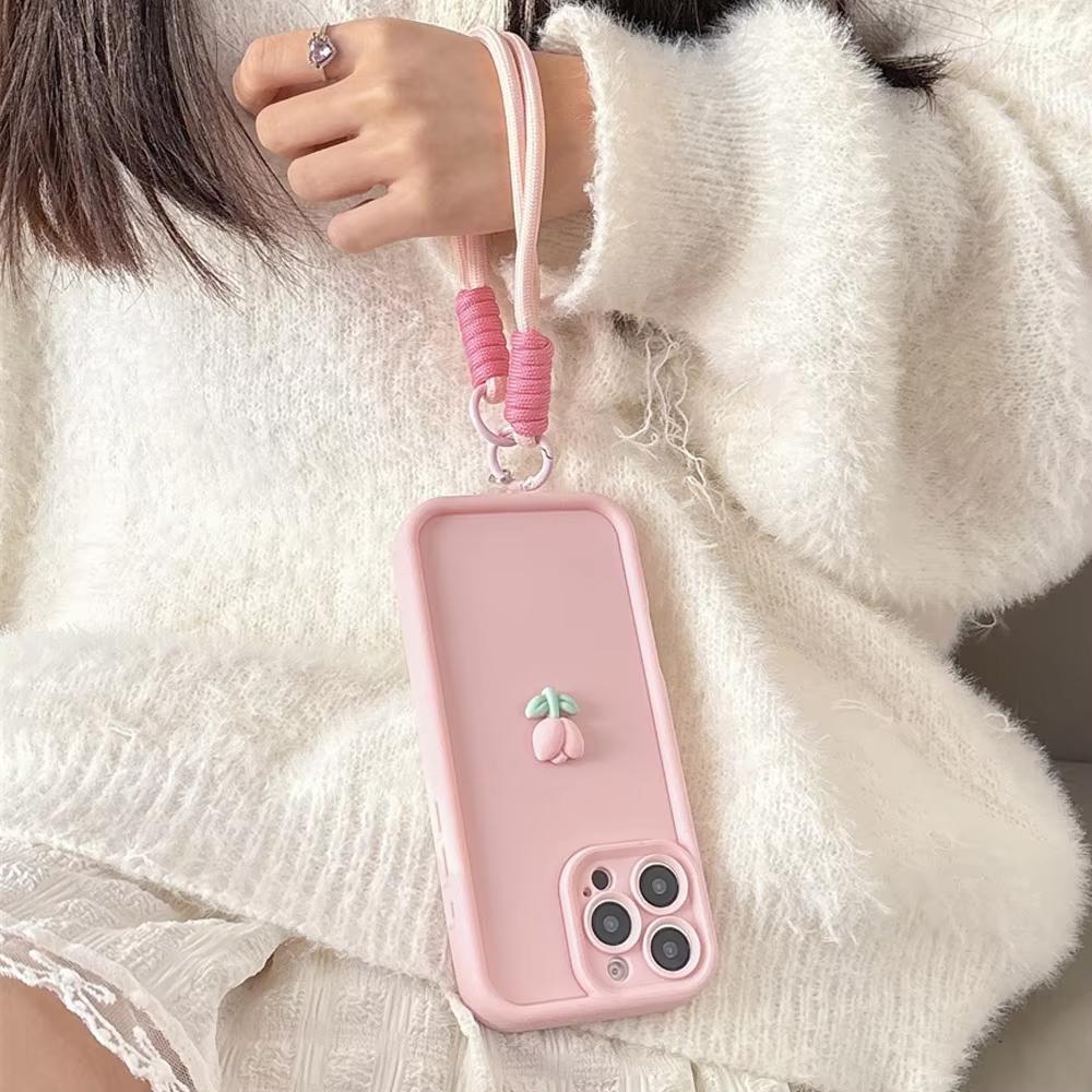 3D Cute Tulip Flower Lanyard Rope Phone Case For 17 16 15 14 13 12 11 Pro Max 16E X XS XR 7 8 Plus Silicone Soft Cover