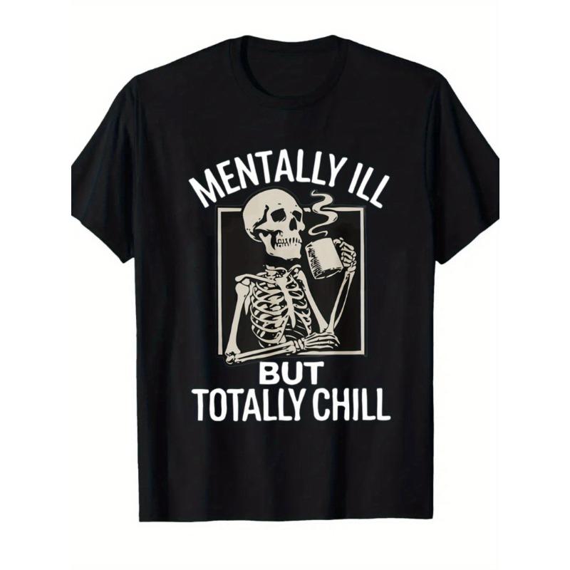 Herren Fun Geisteskranker Aber Super Flaches Totenkopf und Kaffeetasse Muster T-Shirt 180g Schweres Gewebe Lässiger Stil Rundhals