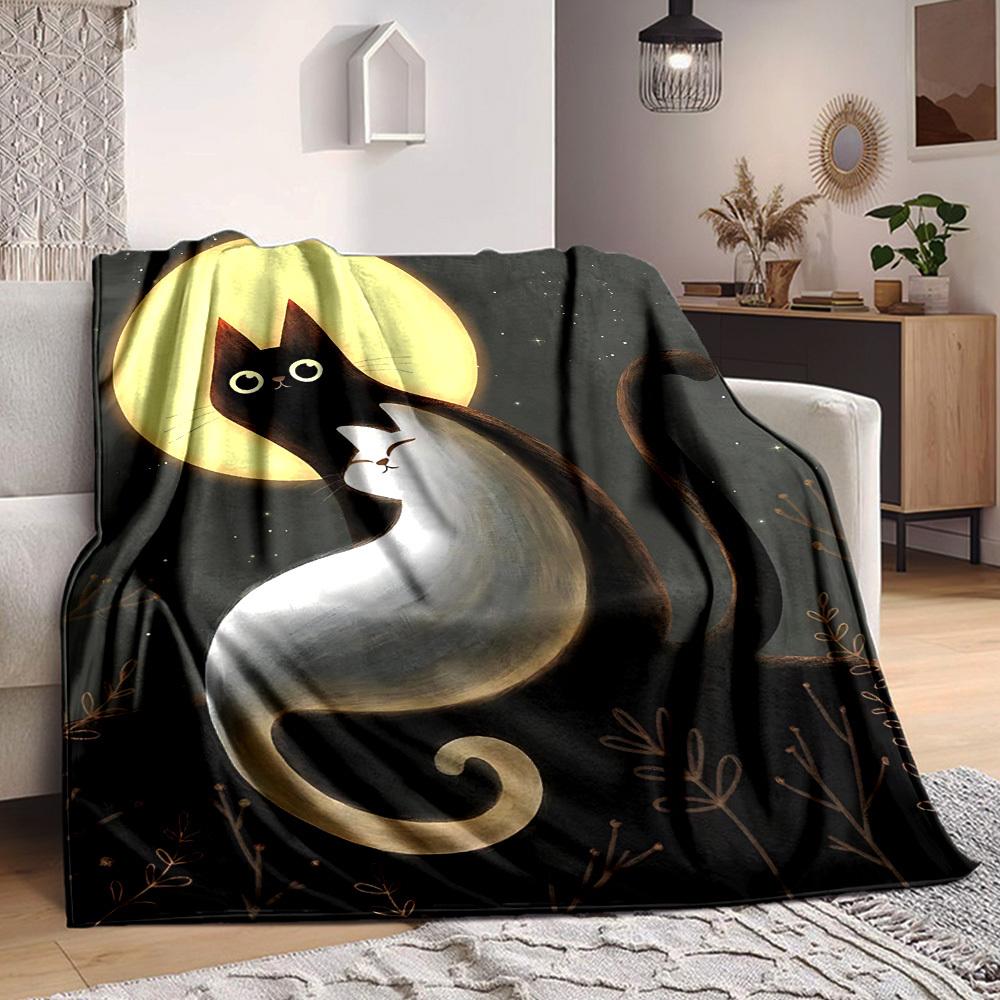 1pc Night Cats Print Blanket - Lightweight Flannel Blanket For Sofa, Bed, Living Room, Office, Outdoor Travel, Camping, Soft 050