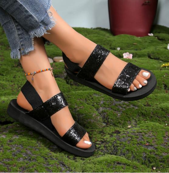 Fashion Summer Elastic Flat Sandals for Women Lightweight Casual Slip on Sandals Woman Comfortable Non Slip Beach Shoes Zapatillas Muje