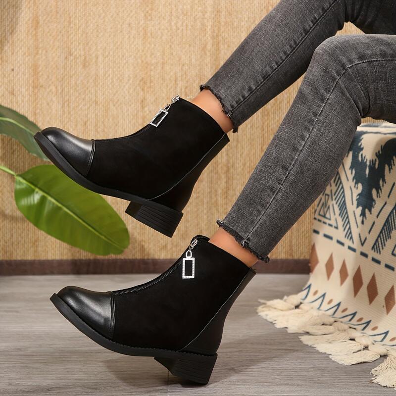 Fashion French Retro Suede Black Ankle Boots Women 2025 Autumn Comfort Thick Heel Stretch Boots Glitter Zip Decoration Shoes for Women