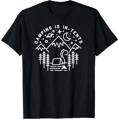 Camping Is in-Tents Line Art Funny Outdoors Hiking Gift T-Shirt Tent  Graphic T Shirts  Women Clothing Tops  Ropa De Mujer