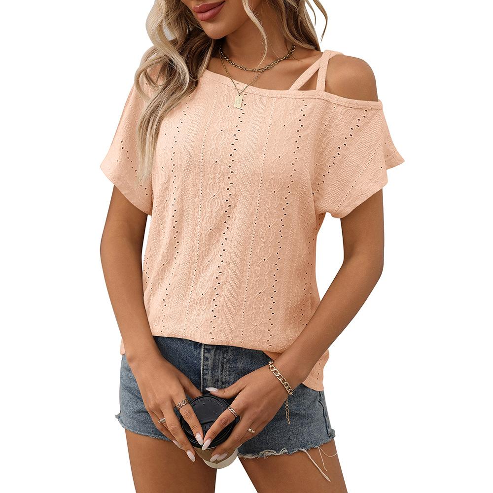 Summer Women's Solid Color Single Shoulder Short Sleeved T-shirt with Hollowed Out Top for Women Shirt