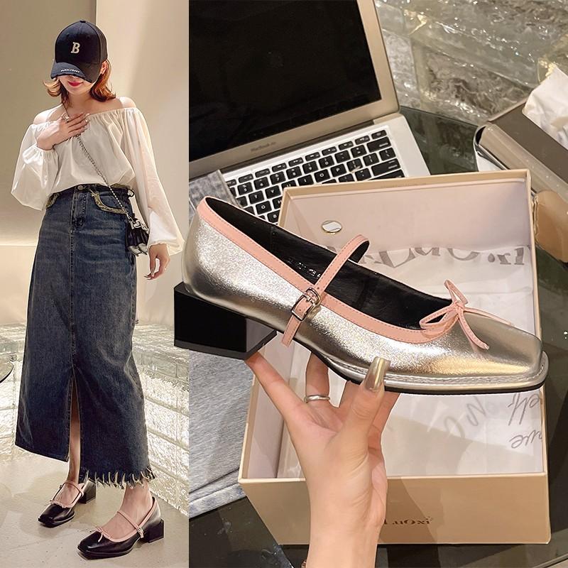 

Fashion New Spring and Autumn Fashion Women s Low Heel Shoes Bow Knot Shallow Mouth Buckle Round Head Kawaii Shoes zapatos 40 серебряный