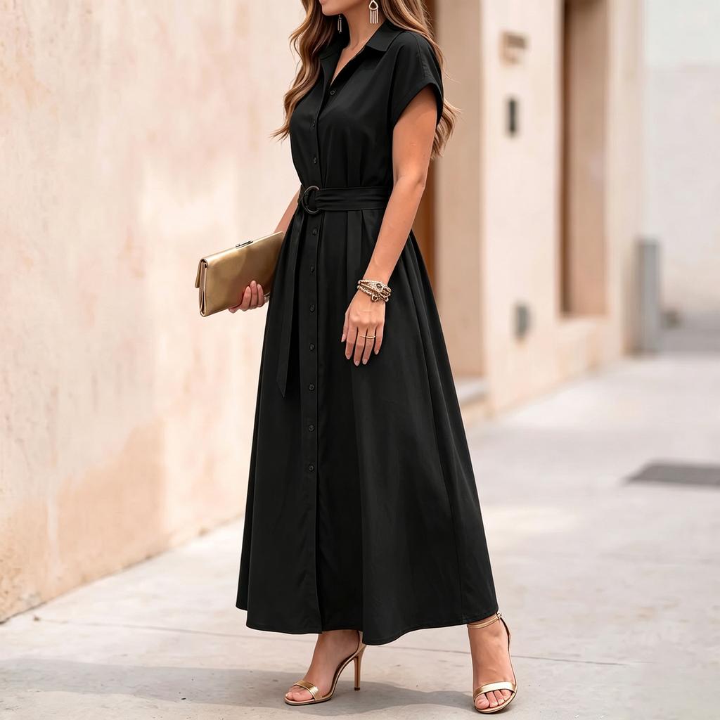 Vestido Camisa de Mujer Manga Corta Botones Arriba Vestido Largo con Cuello Corbata en la Cintura y Dobladillo Acampanado Casual Holgado Vestido de Verano