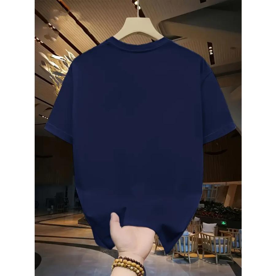 Men's Cotton Casual T-shirt, Round Neck Short Sleeved, Printed with Swiss Mountain Pattern, Regular Style, Slightly Elastic, Suitable for All Seasons