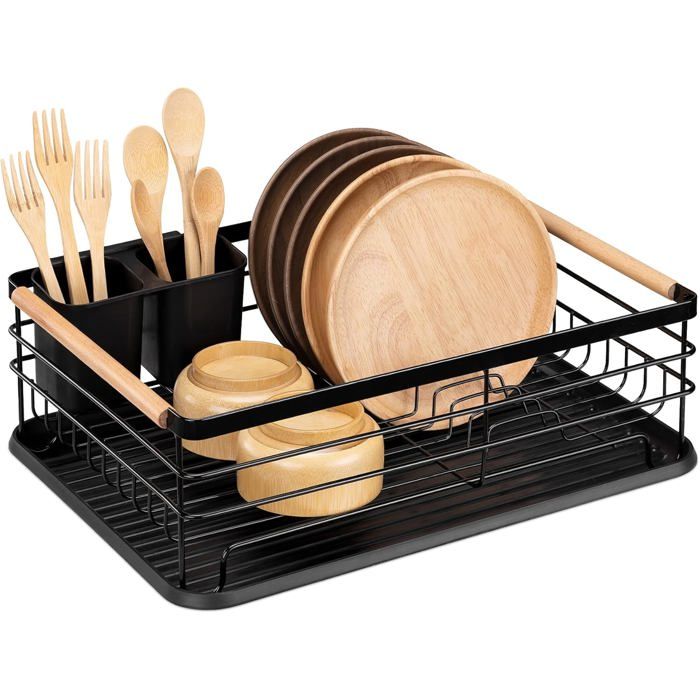 Égouttoir à vaisselle - AIMOONSA - Modèle Compact - Noir - Plateau récupérateur - Porte‑couverts amovible