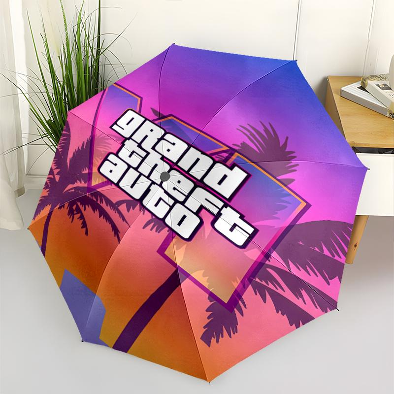 Game Grand Theft Auto Print Automatic Umbrella, 8 Rib Iron Frame, Plastic Handle, Suitable for Outdoor Travel &Daily , Ideal Gift