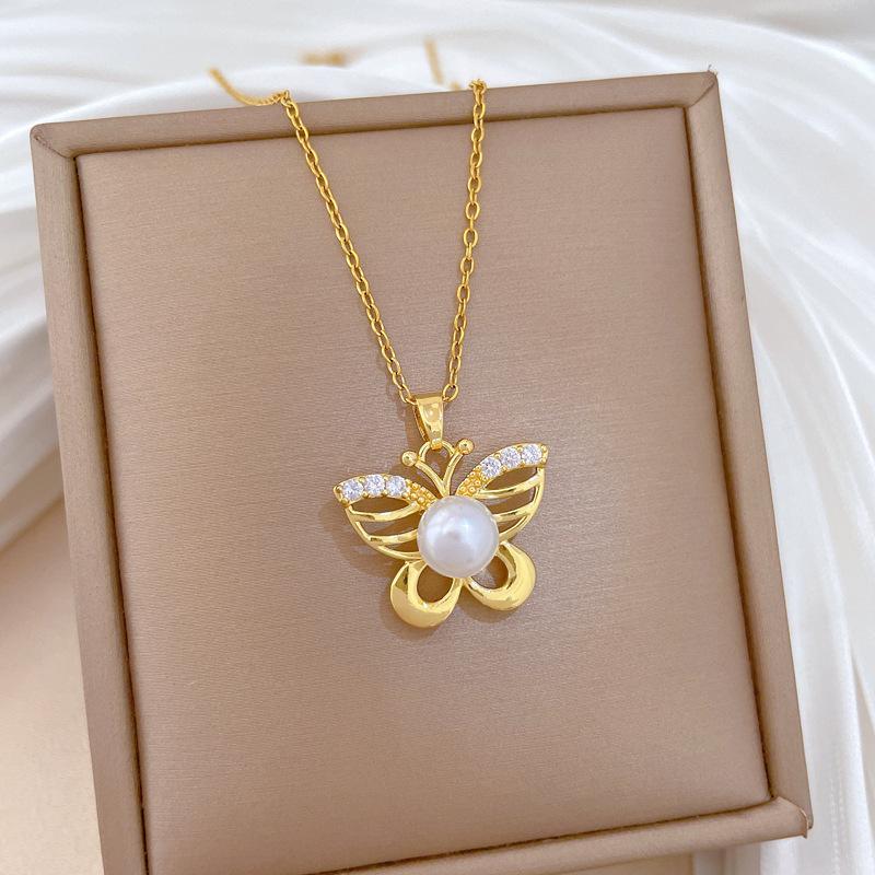 Titanstahl, Leere Schmetterlingsperle, Leichter Luxus, Temperament, Wunderschöne Voll-Diamant-Halskette, Vielseitige Schlüsselbein-Kette für Damen, Titan Stahl Kette