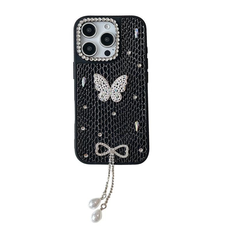 Silberne Perlen Schmetterling Handyhülle für Apple 17 Promax Strass Quaste Perlenanhänger für IPhone 16 Kariertes Leder