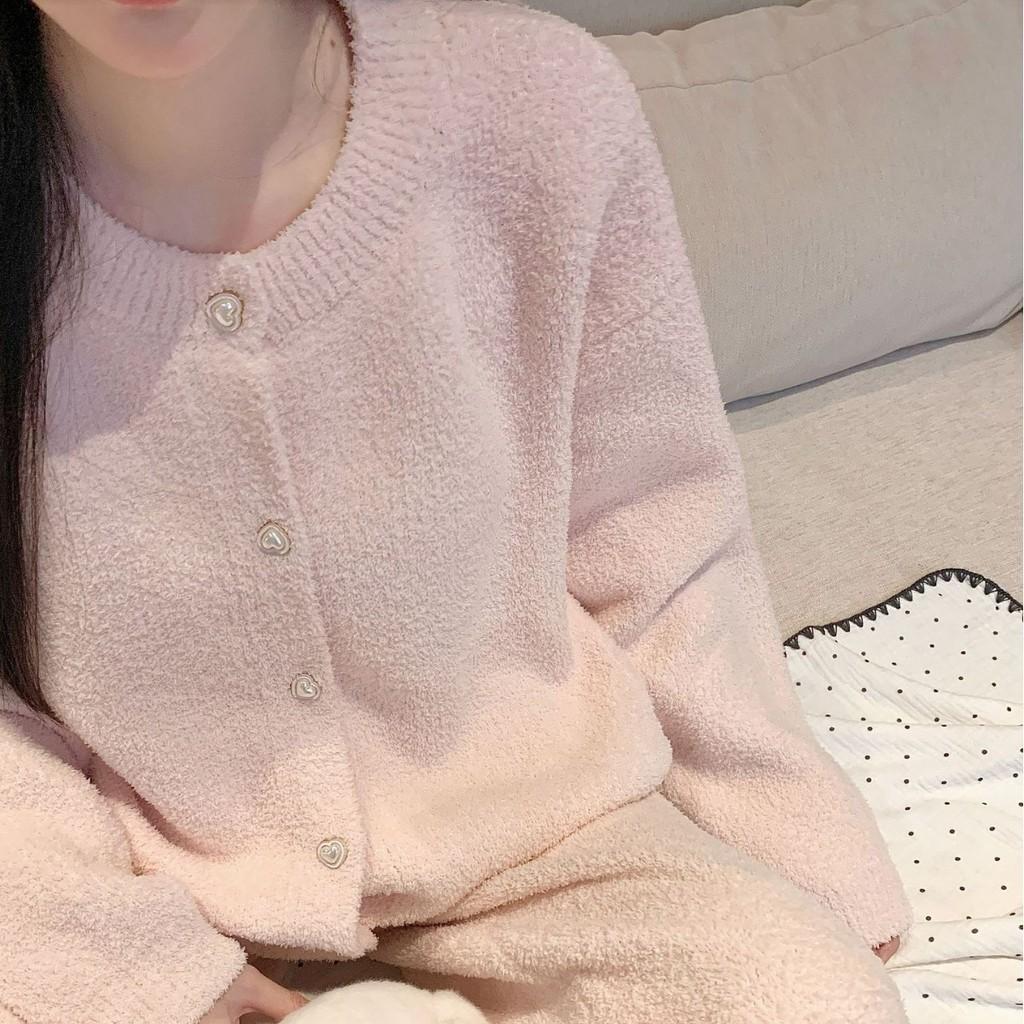 Cozy Plush Lounge Set With Pearl Buttons For Winter Comfort Homewear For Young Women
