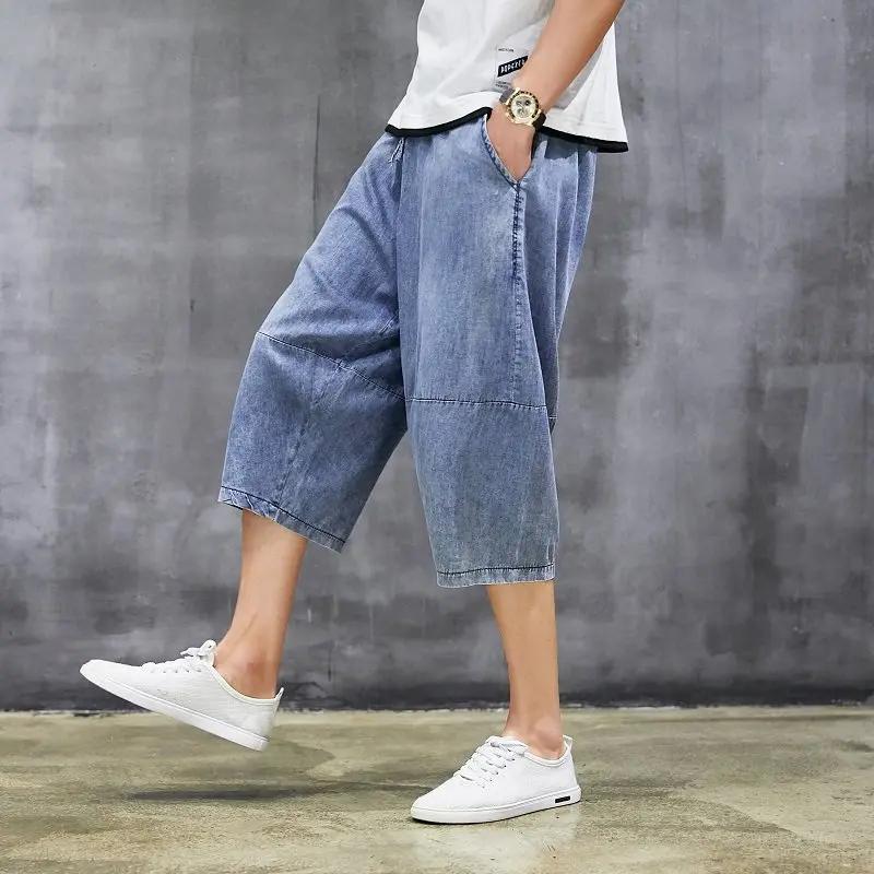 Summer Men Trendy Jean Pants Men Loose Casual Denim Pants Men Wide Leg Pants Male Calf-Lenght Pants Men All-Match Harlan Pants