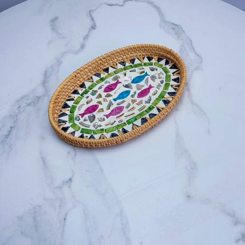 Rattan Fruit Plate Fruit Basket Oval Hand-woven Shell Tray Household Living Room Snack Desktop Storage Trays Home Decoration