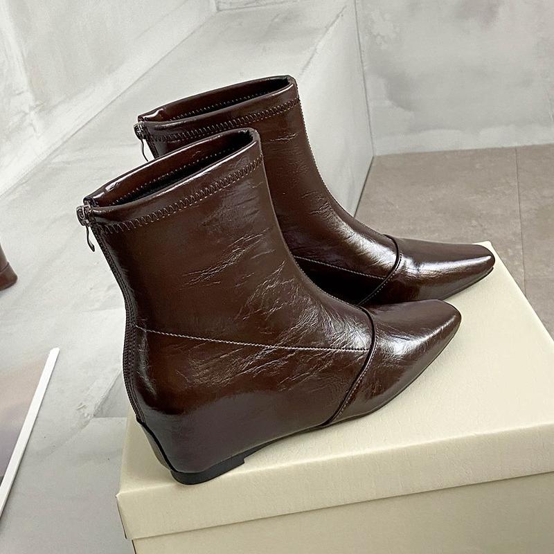 Wedge Platform Boost Stretch Skinny Boots Women's Square Toe Soft Leather Rear Zipper Vintage Versatile Booties