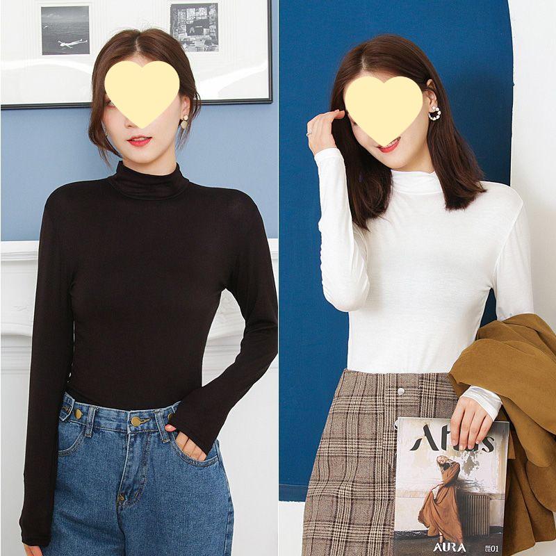 Spring Autumn 2025 Women's Modal Semi-High Neck Long Sleeve Solid Color Plus Size T-shirt - Versatile and Fashionable New Style