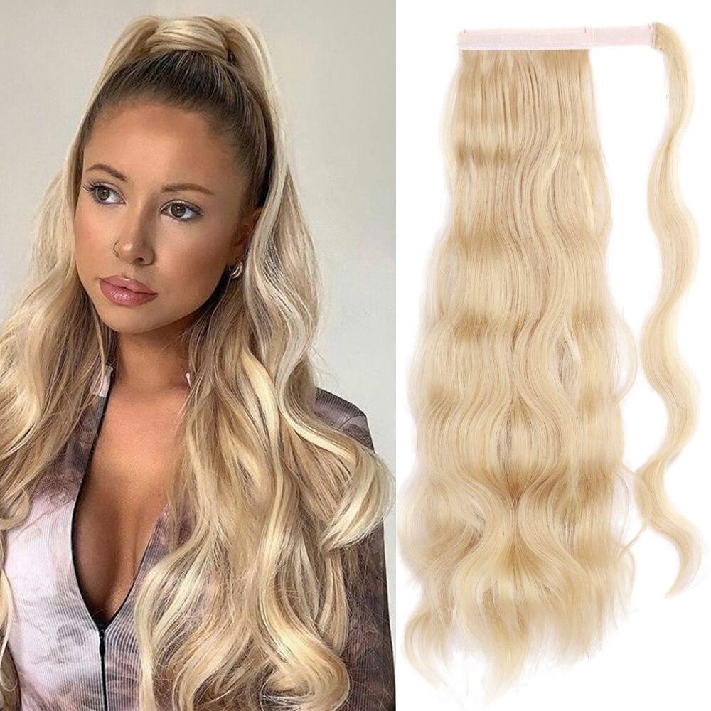 XINRAN Langer, gewellter Pferdeschwanz zum Umwickeln, synthetischer Pferdeschwanz, Clip-in-Haarteil, schwarz-blond, burgunderfarbener Wellen-Pferdeschwanz für Frauen