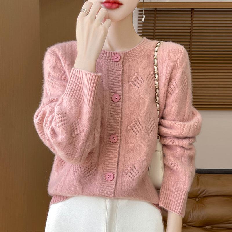 

Женский кардиган с круглым вырезом, ажурной вязкой и косами: Универсальный свитер с длинным рукавом для осени/зимы Small M (85—125) розовый