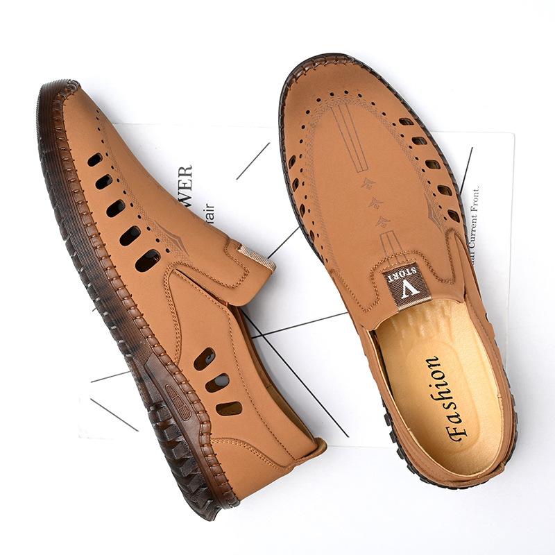 Summer leather sandals, men's hole leather shoes, toe openwork, elderly dads, breathable casual men's shoes