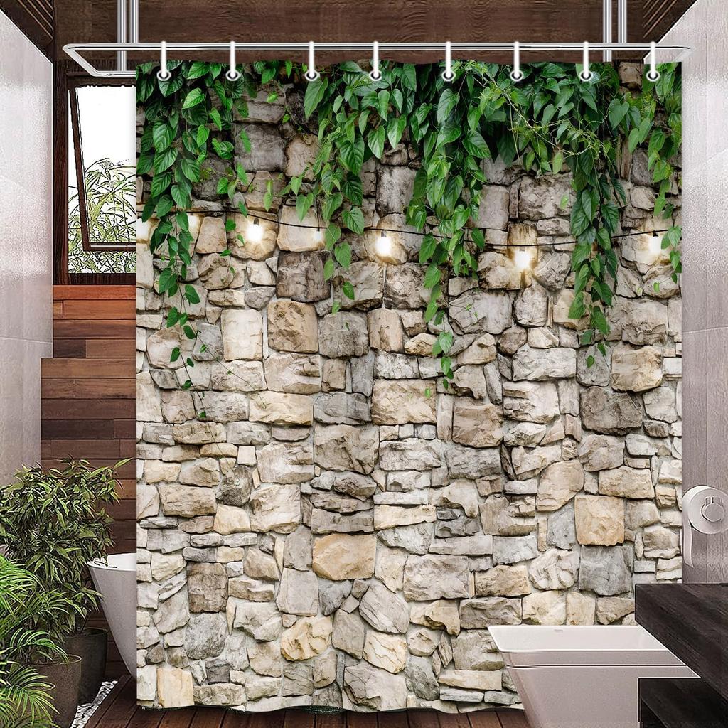 Stone Brick Wall Shower Curtain, Green Leaves Shower Curtain Set for Bathroom, Vintage 3D Vine with Lights Fabric Shower Curtain Restroom Bathtub