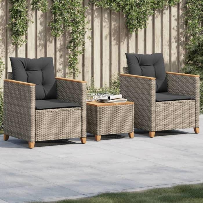 VidaXL Ensemble de Bistro avec Coussins 3 pcs, Chaises et Table de Patio, Meubles de Terrasse Extérieur, Gris Résine Tressée 366314