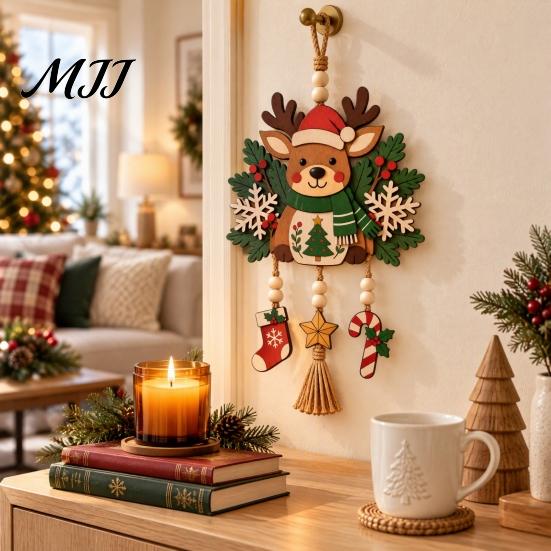 Handmade Holiday Ornaments Christmas Reindeer Hanging Ornament, Wooden Deer Decoration with Stocking Star Candy Party Supplies Cane Charms,