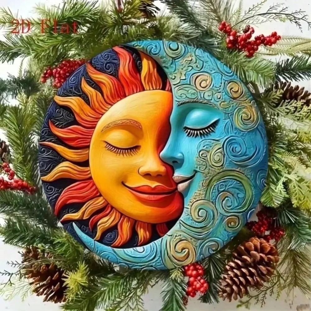 Vintage Metal Tin Sign Sun Moon Wall Art, Circular Face Plaque Creative Home Decor
