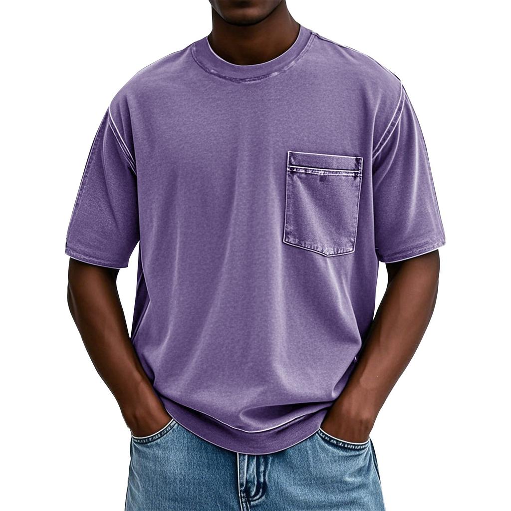 Men's Summer Solid Color Round Neck Loose Pocket Short Sleeve Top