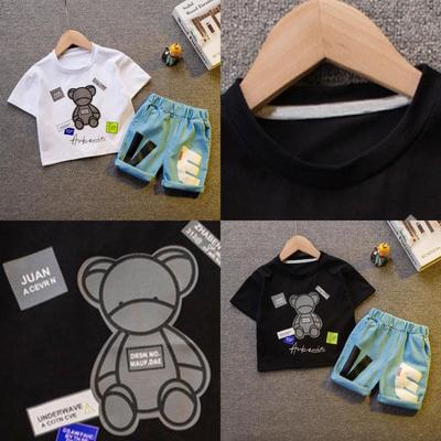 0-5 Years Old Boys and Girls Baby Summer Clothes Set New Style Handsome Bear Pattern Cotton Printed T-shirt + Casual Letter Shorts [in Stock]