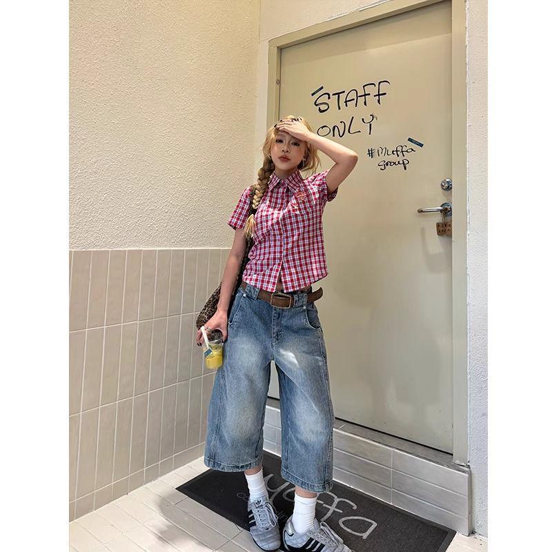 Women's Summer Retro Plaid Slim Fit Short-Sleeve Shirt - Versatile & Casual