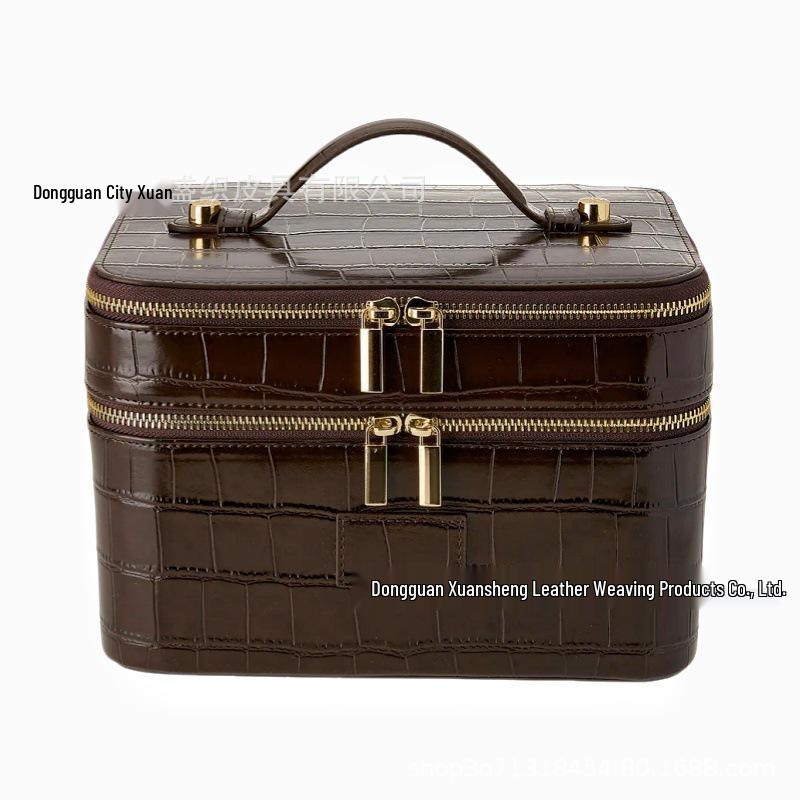 Crocodile Pattern Double Layer PU Leather Makeup Bag - Large Capacity Cosmetic Organizer