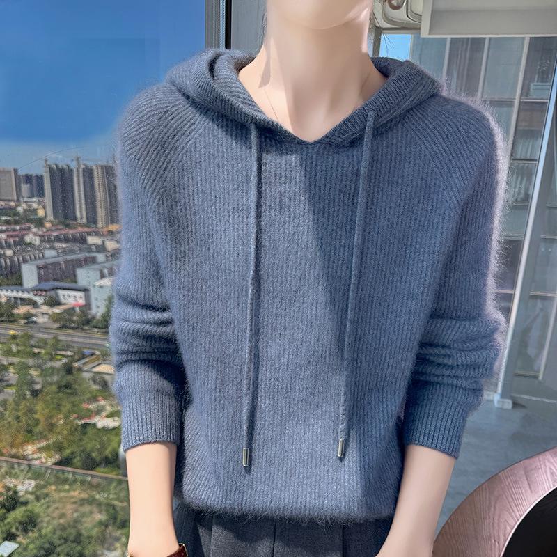 Women's Mink Velvet Hooded Sweater - Autumn/Winter Loose Fit, Slimming Knit Base Layer with Drawstring.