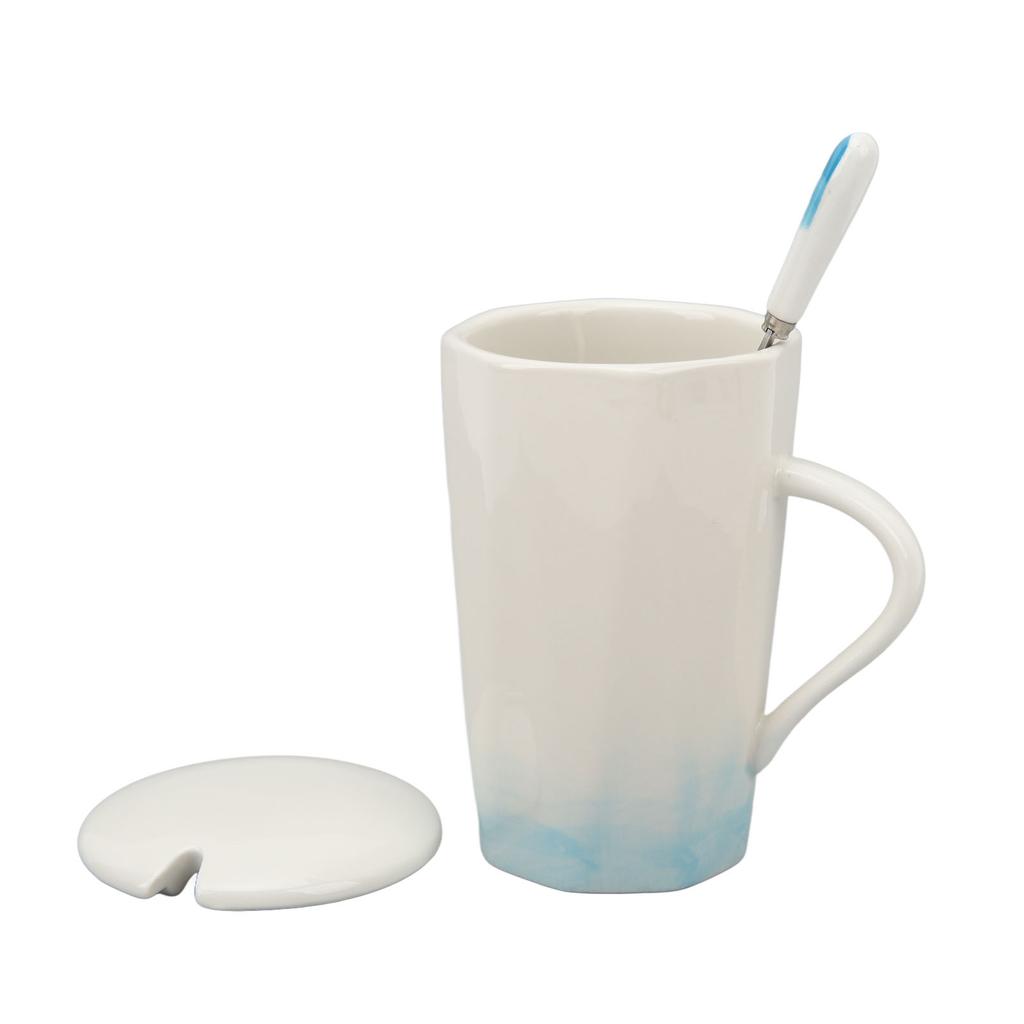 400ml Ceramic Mug Ink Painting Style Coffee Mugs Ceramic Coffee Mug with Spoon Lid for Home Office Cyan