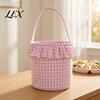 Versatile Household Storage Halloween Basket, Plaid Ruffle Trick or Treat Candy Bucket with Handle Easter Egg Hunt Carriers for Kids, Reusable Gingham