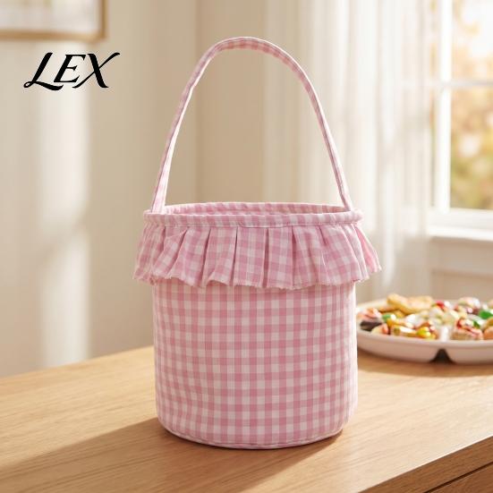 Versatile Household Storage Halloween Basket, Plaid Ruffle Trick or Treat Candy Bucket with Handle Easter Egg Hunt Carriers for Kids, Reusable Gingham