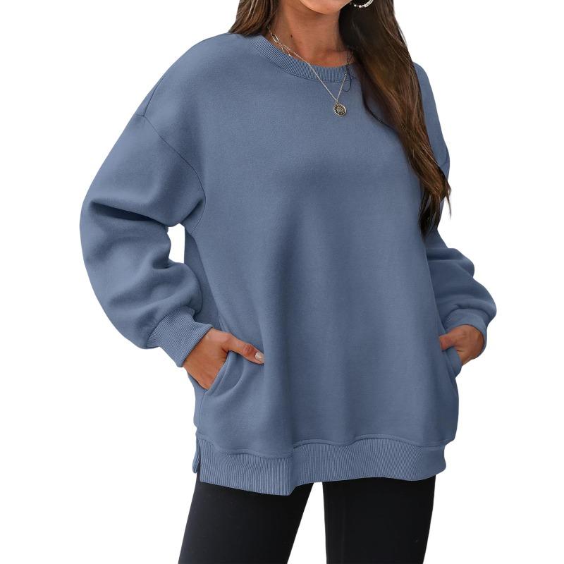 Fleece thickened pocket sweater women, loose round neck clothes in autumn and winter