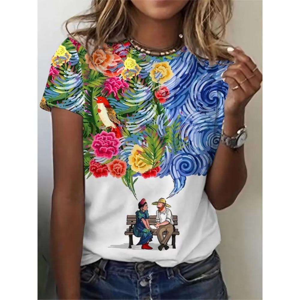3D digital printed flower and bird pattern women s T-shirt 2XS