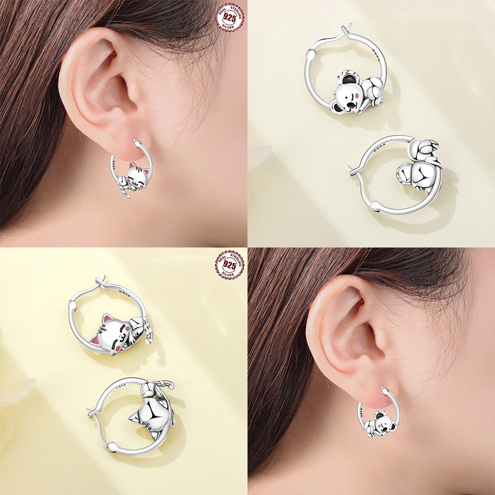 925 Silver Pink Cat Earring Collar Cute Cat Paws Koala Woman's Earring Valentine Anniversary Earrings Jewelry Fine Gift