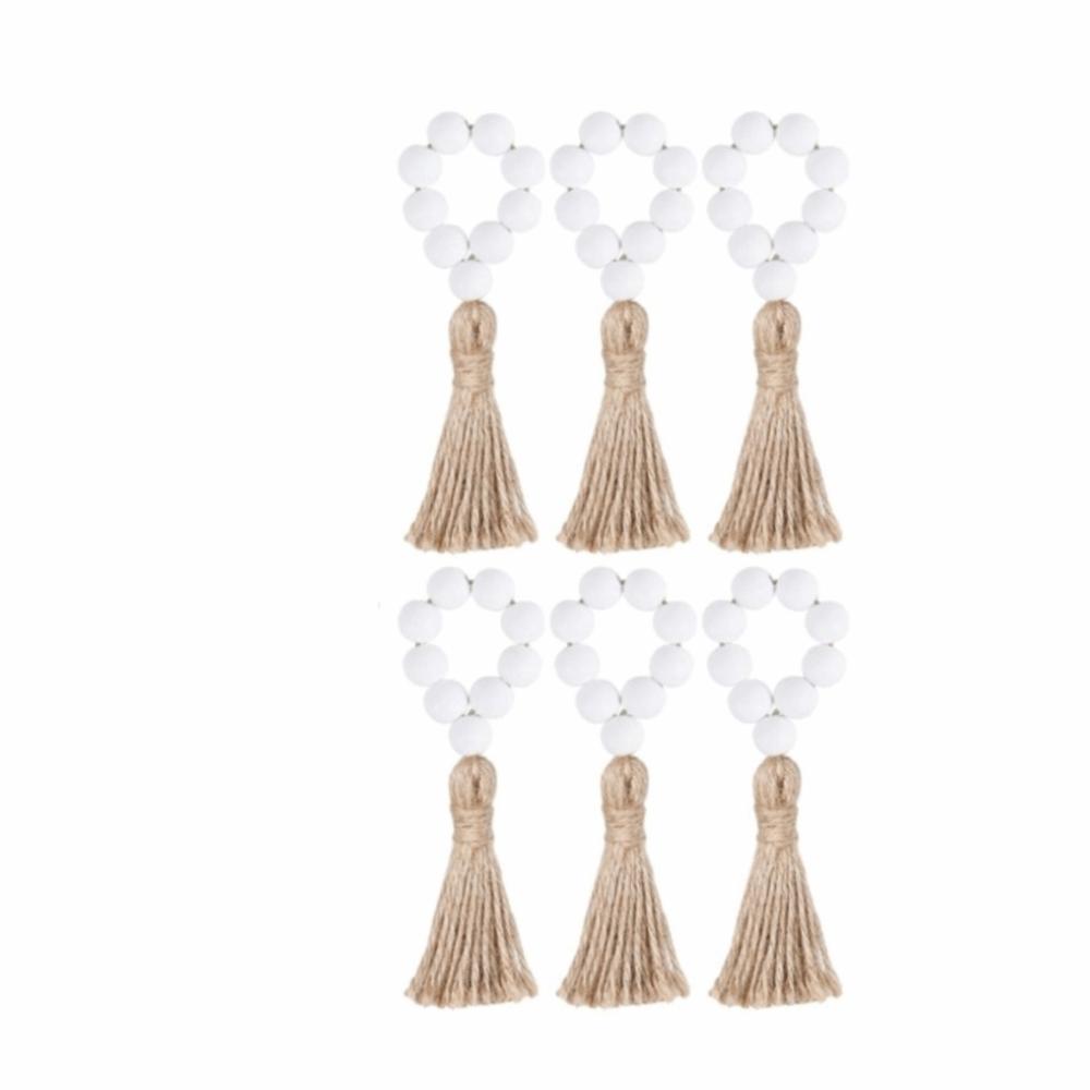 6 Pieces Farmhouse Style Wooden Bead Napkin Rings Adjustable with Tassel Napkin Buckle Handmade Napkin Holder Holiday Banquet