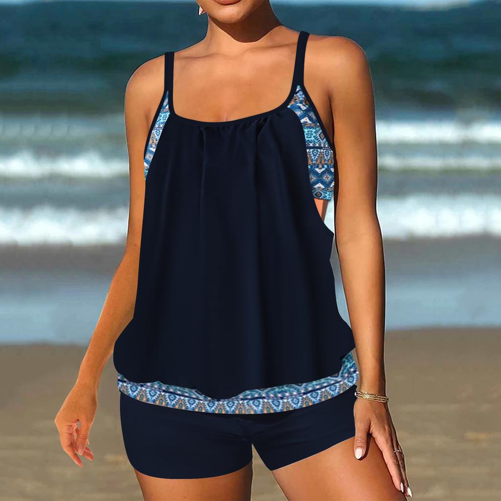 Women's Swimwear Tankini 2 Piece Swimsuit Dark Blue Granular Stripes Print Vacation Bathing Suits